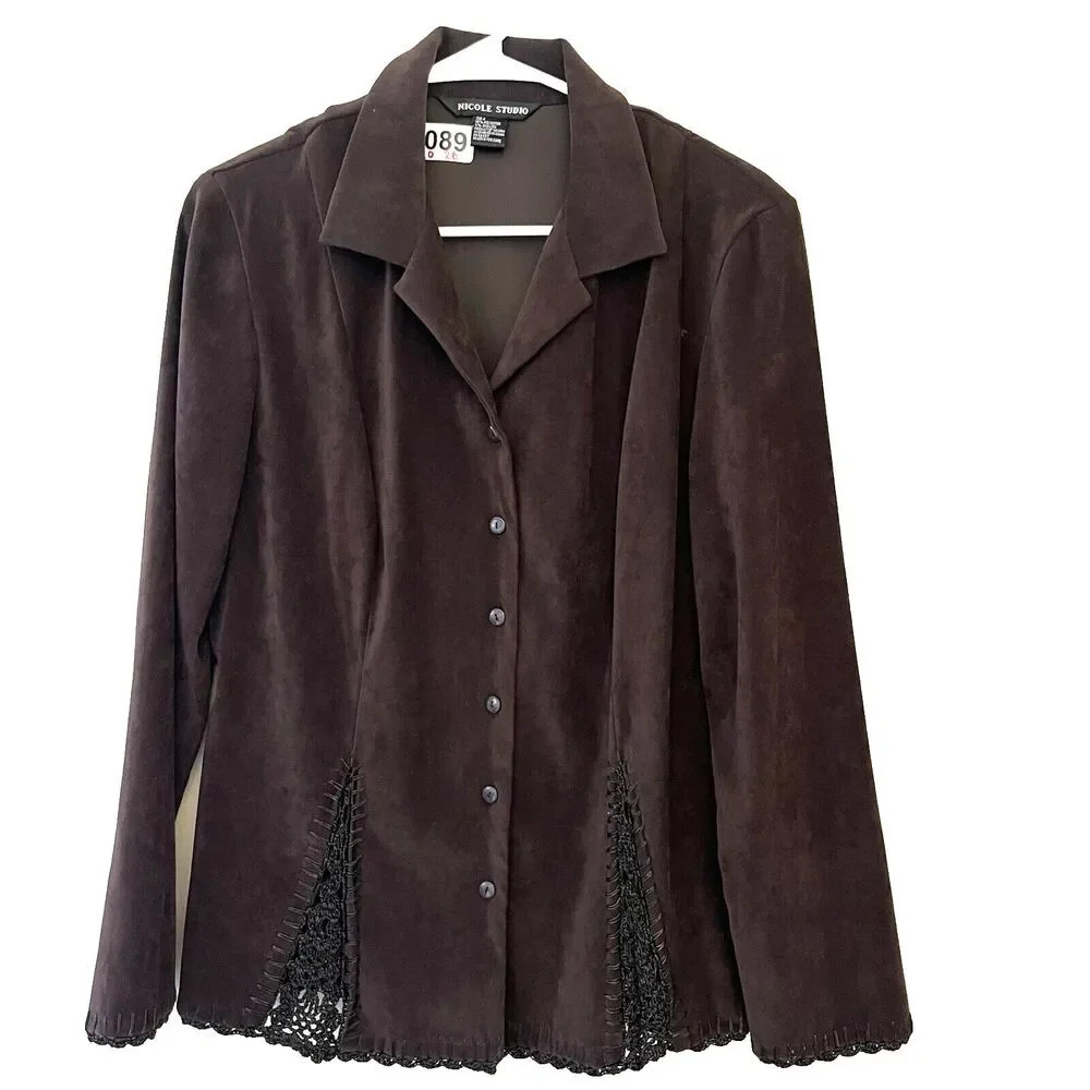 Vtg Nicole Studio Brown Western Jacket 8 Women Crochet Hem Chocolate Faux Suede